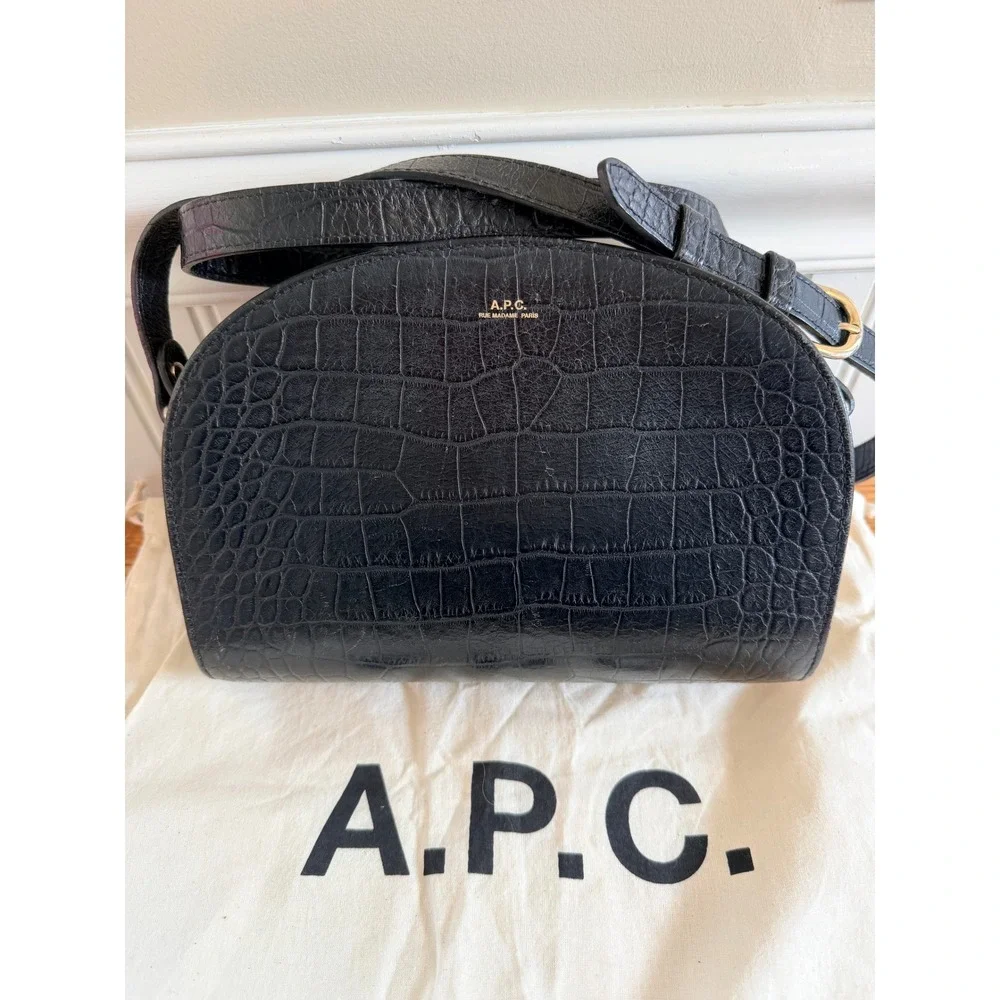 A.P.C. Demi-Lune Bag Black Croc Embossed Leather Half Moon Crossbody OS